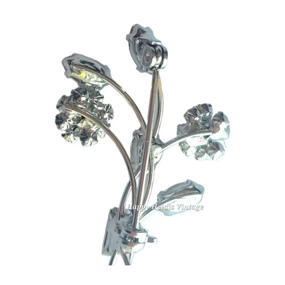 Vintage Silver Tone Rhinestone Delicate Floral Spray Retro Glam Brooch‎ Pin